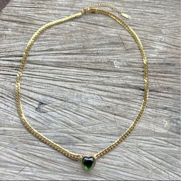 18K Gold Plated emerald green heart necklace snake stainless steel women jewelry - Picture 6 of 9